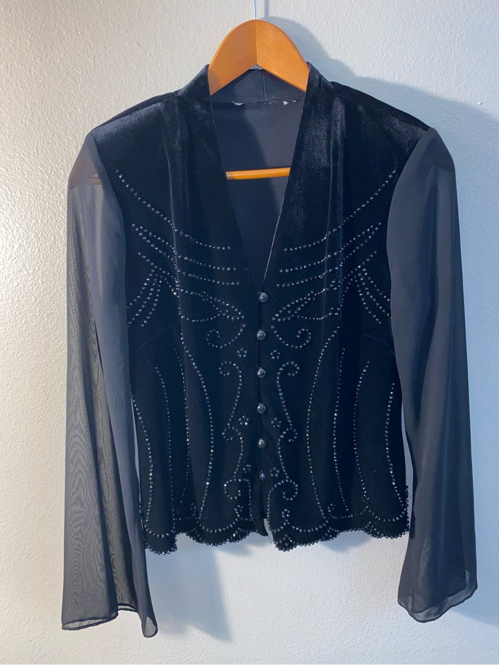 VTG J.R. Nites Black Velvet Beaded Blouse Sheer Bell Sleeve Whimsigoth Small